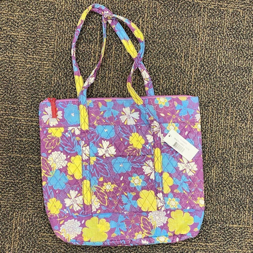 Vera bradley like large purple and yellow floral cotton quilted tote